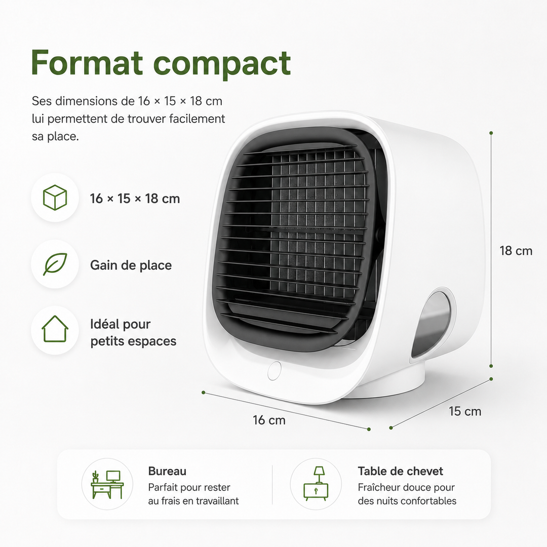 Petit ventilateur de table rechargeable, idéal pour une fraîcheur personnelle au bureau ou en voyage.