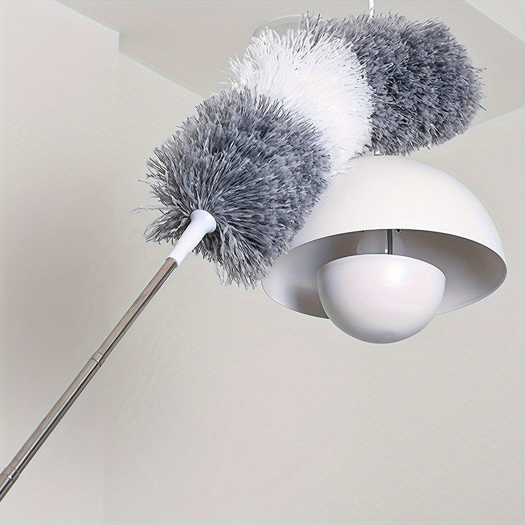 Dépoussiéreur microfibre flexible et lavable, parfait pour nettoyer plafonds hauts et coins difficiles.