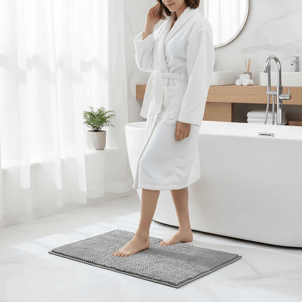 Tapis de bain doux en chenille beige, ultra absorbant et lavable, parfait pour un confort optimal en salle de bain.
