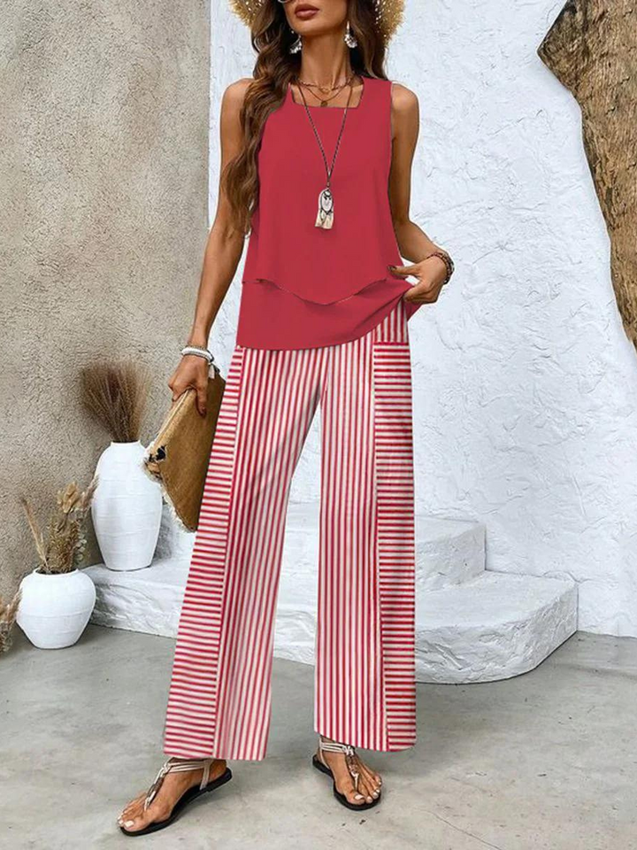Pantalon confortable de l'ensemble Ghislaine, coupe fluide. Confort quotidien pour cette tenue élégante femme.