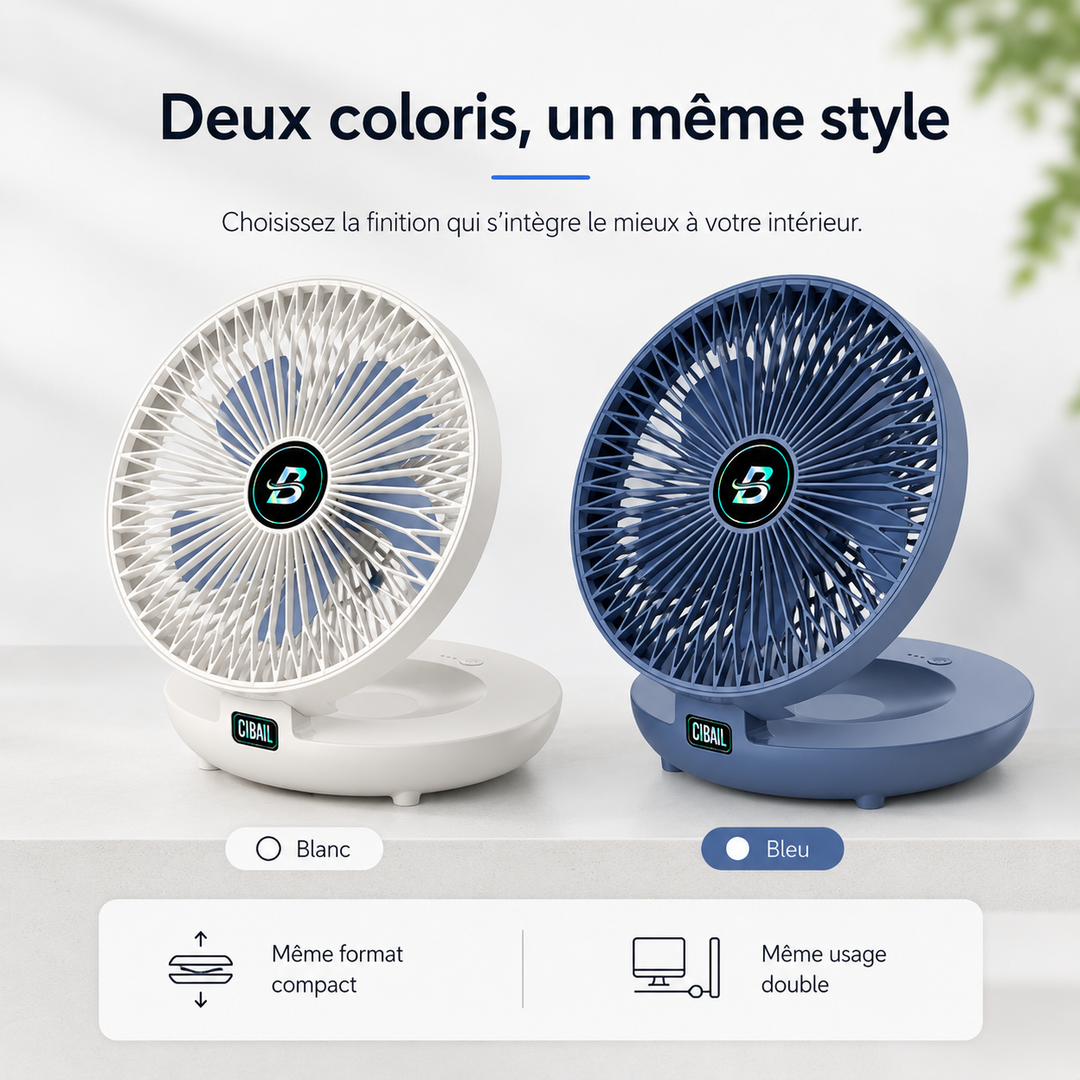 Ventilateur 2-en-1 pliable, rechargeable et sans fil. Pour bureau, mural, cuisine. Rafraîchisseur d'été.
