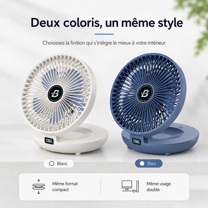 Ventilateur 2-en-1 pliable, rechargeable et sans fil. Pour bureau, mural, cuisine. Rafraîchisseur d'été.