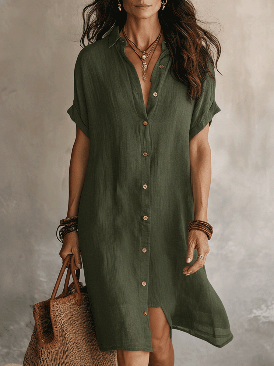 Élégante robe midi boutonnée femme, confortable et chic, idéale pour le printemps-été et les occasions décontractées.