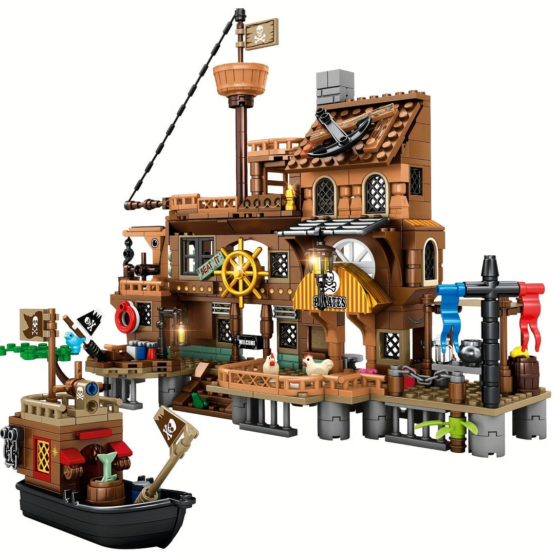 Jouet de construction navire pirate en kit de briques pour enfants. Jeu d'aventure éducatif, développe la créativité.