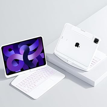 Accessoire clavier-coque pour iPad avec rotation et trackpad intégré, idéal pour la productivité et la protection.