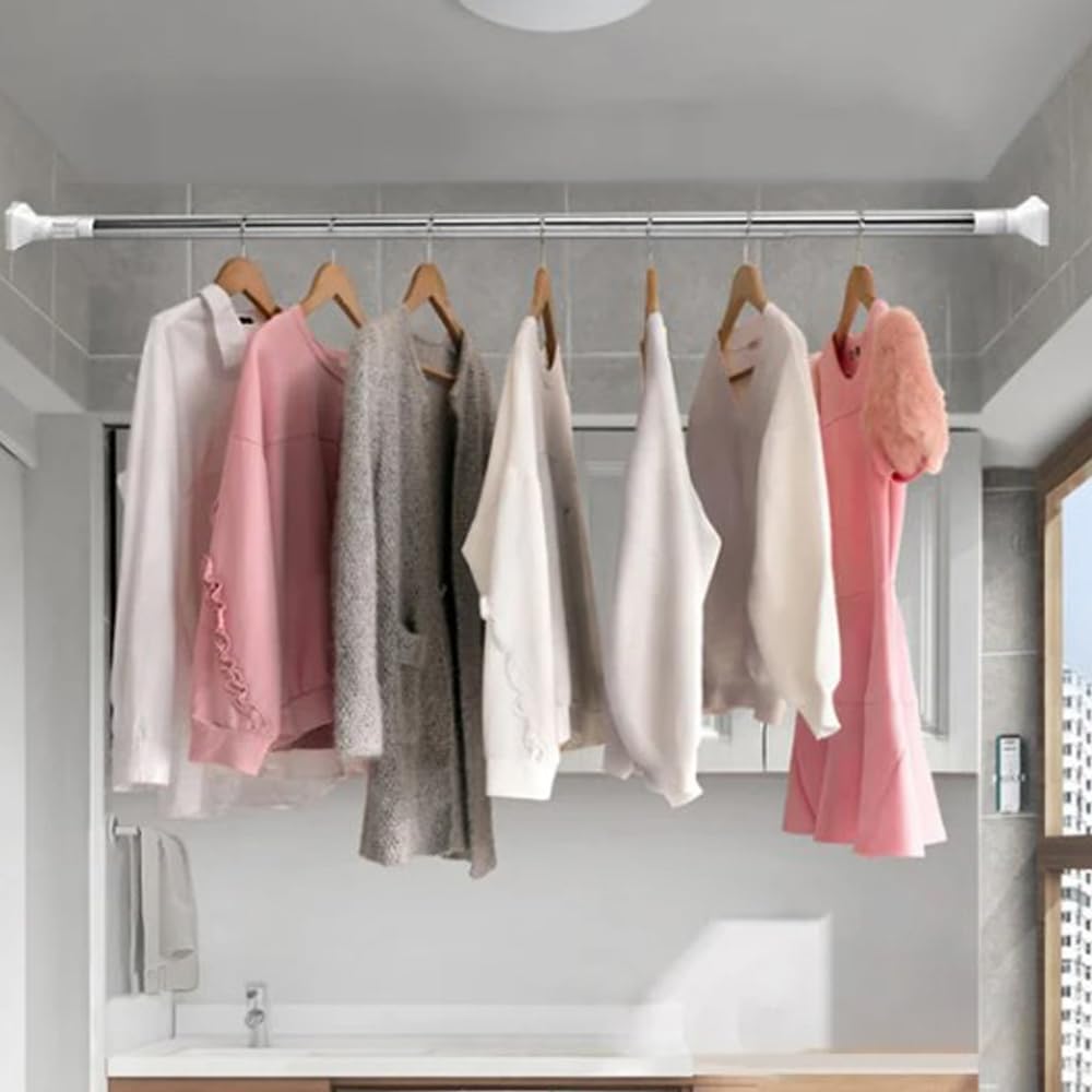 Tringle à rideaux sans perçage ajustable en acier inoxydable. Installation facile et rapide pour salle de bain, cuisine.