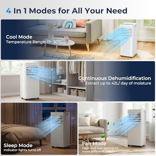 Climatiseur 3-en-1 compact: rafraîchisseur d'air, déshumidificateur, ventilateur pour chambre ou bureau.
