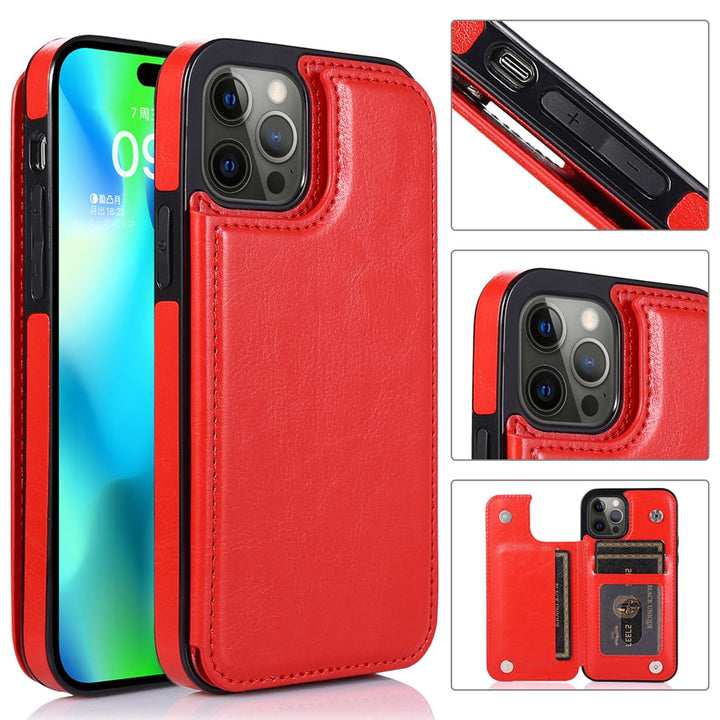 Coque iPhone 12/13 en cuir avec compartiments porte-cartes et rabat magnétique.