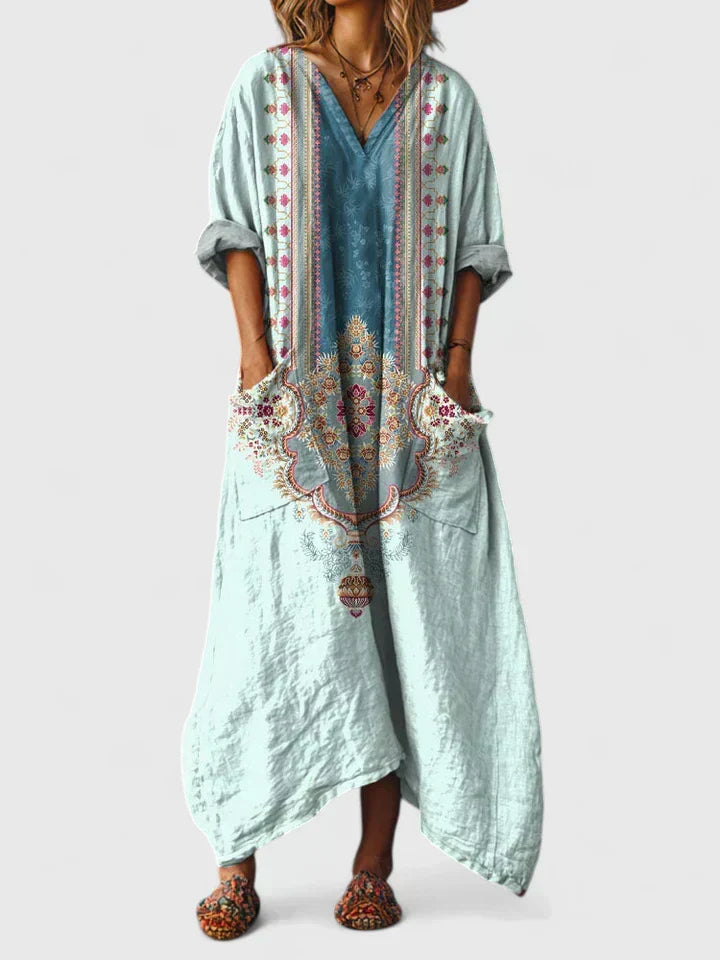 Robe longue femme, style bohème chic. Fluide et confortable, parfaite pour une allure élégante et décontractée.