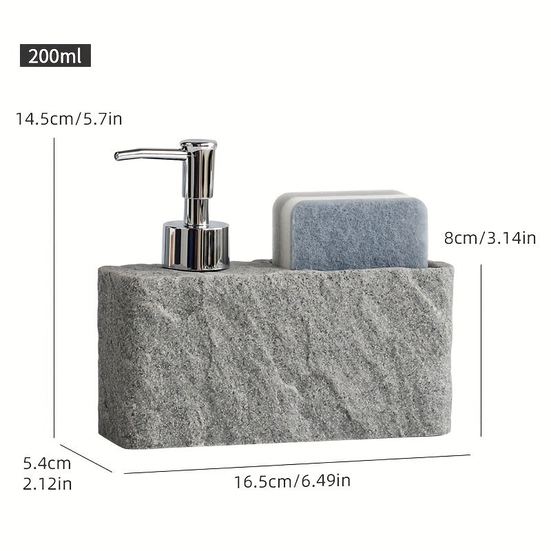 Distributeur de savon en pierre, design moderne avec support éponge. Un accessoire pratique pour cuisine ou salle de bain.