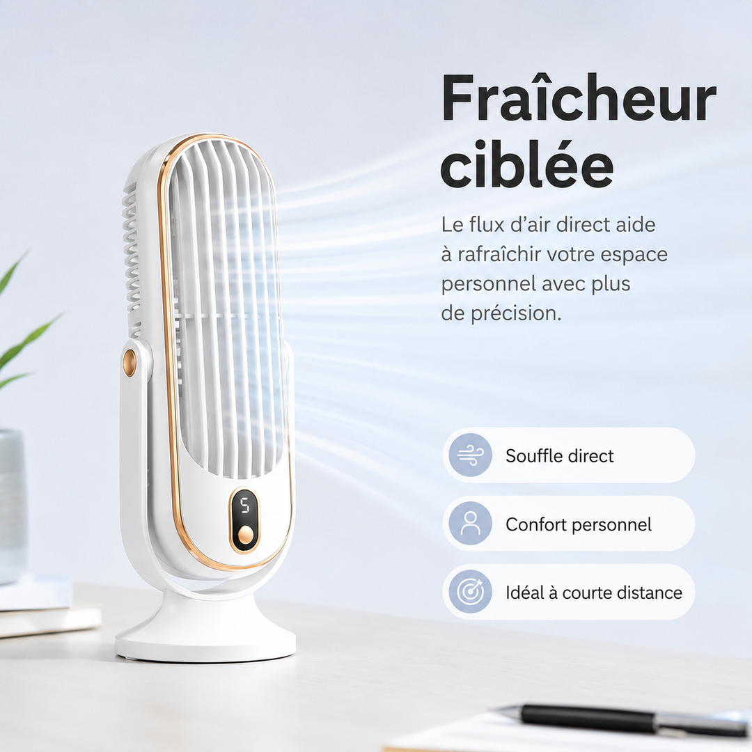 Ventilateur USB rechargeable AeroLux pour bureau, silencieux et portable, idéal pour l'été.