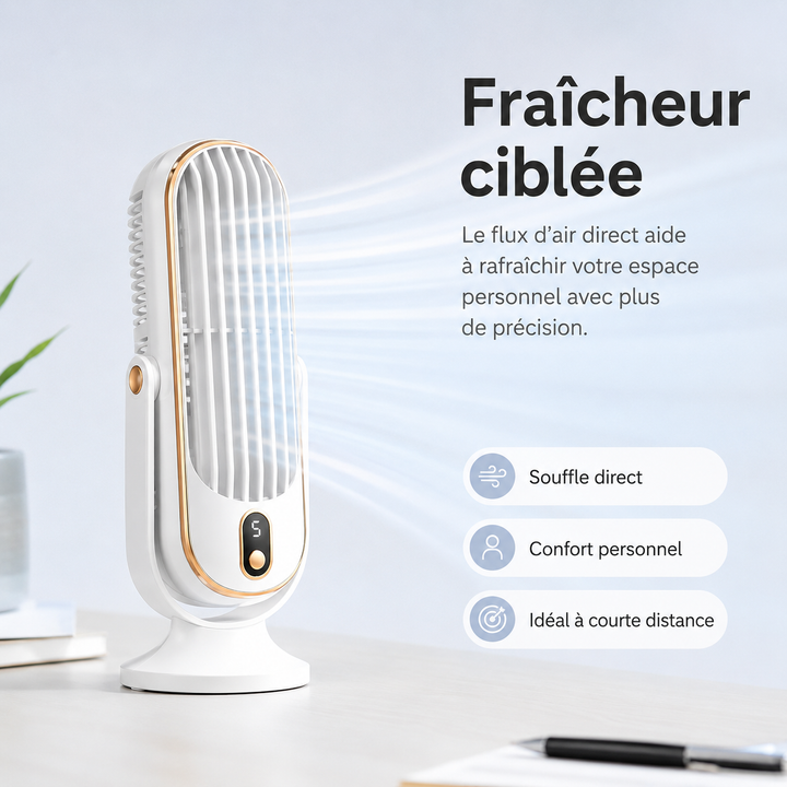 Ventilateur USB rechargeable AeroLux pour bureau, silencieux et portable, idéal pour l'été.