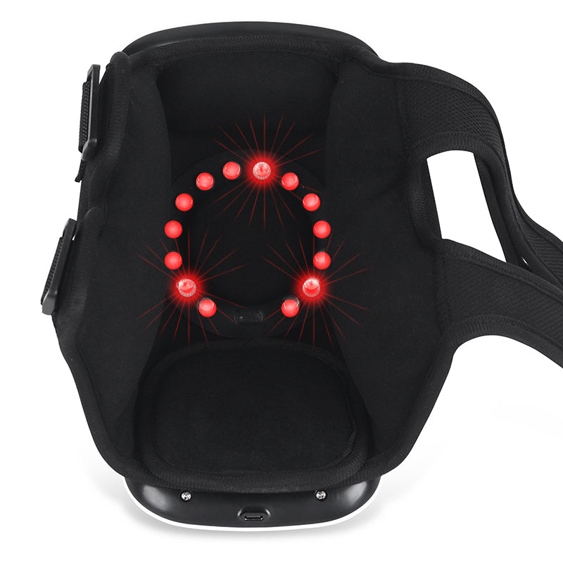 Appareil de rééducation genou pour arthrose, douleur, avec fonctions chaleur et lumière rouge; design ergonomique portable.