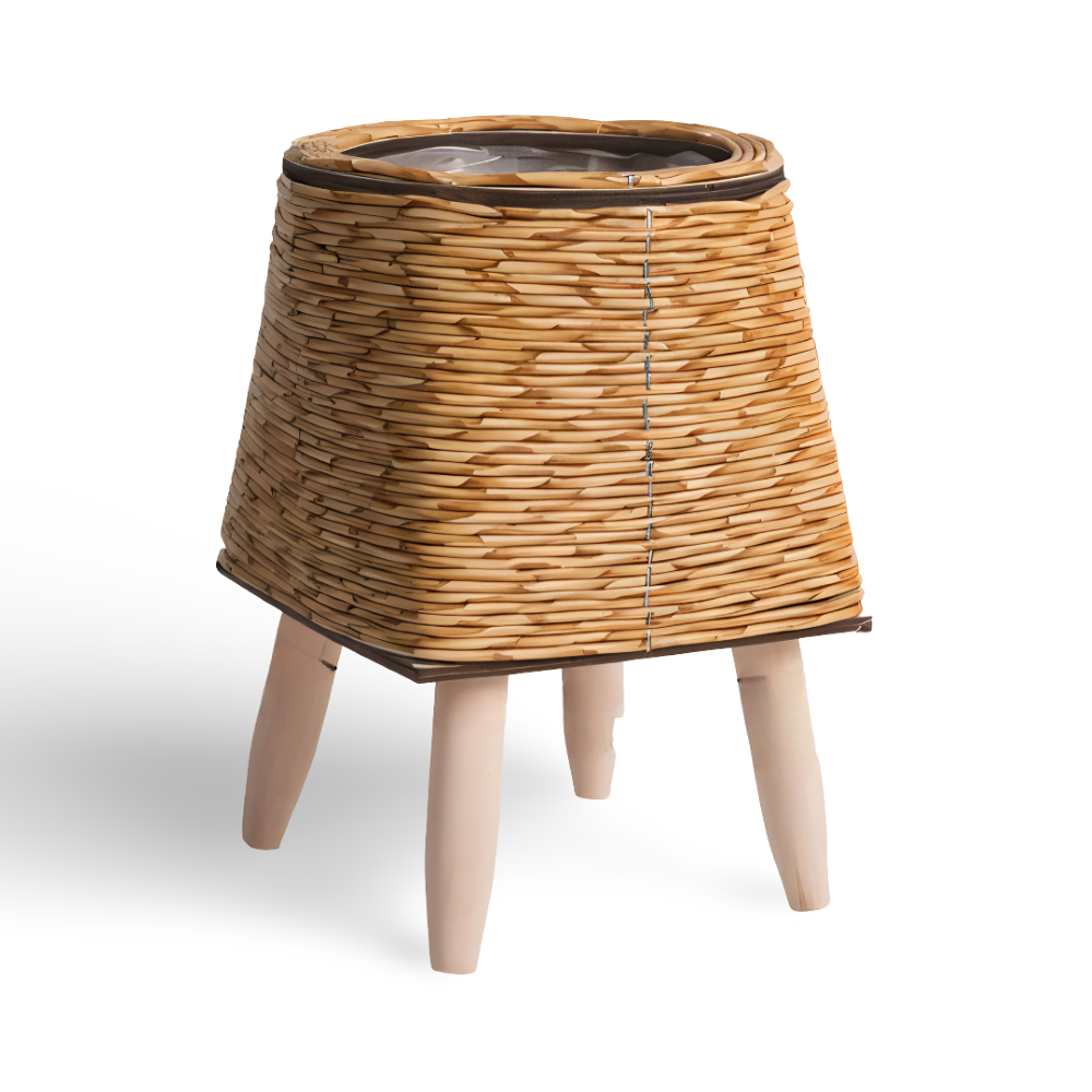 Pot de fleurs multi-usage en rotin synthétique, pieds bois, s'intègre à tout style de déco.