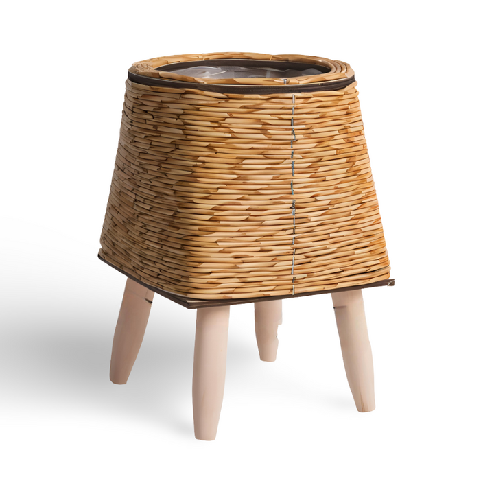 Pot de fleurs multi-usage en rotin synthétique, pieds bois, s'intègre à tout style de déco.