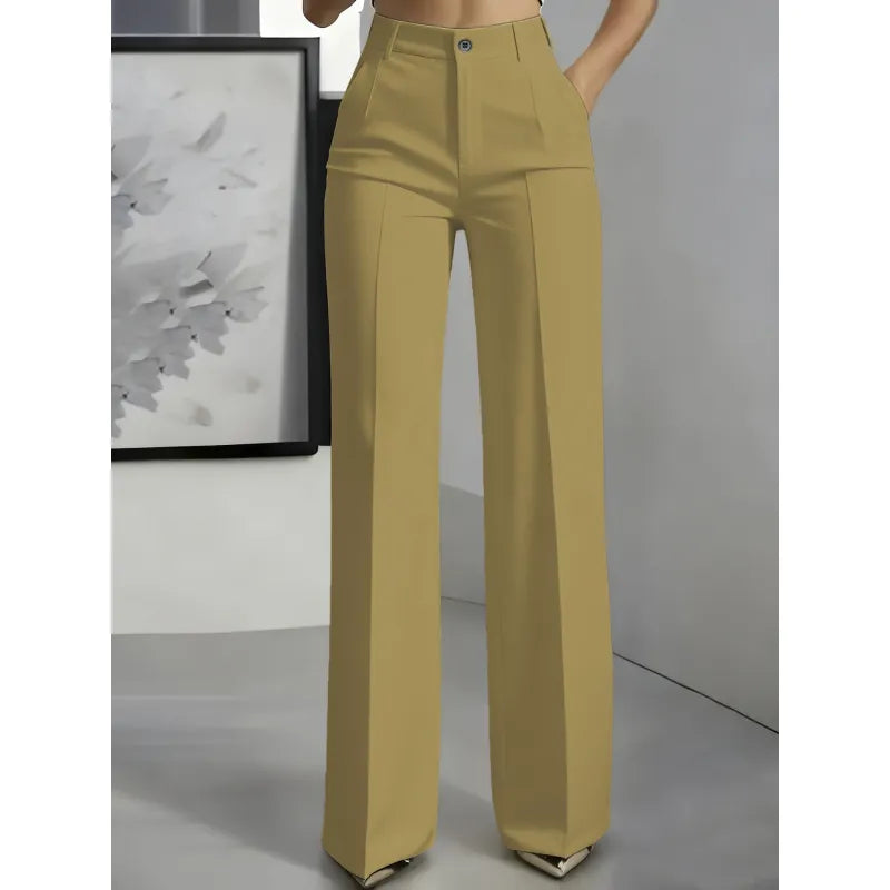 Pantalon droit femme taille haute confortable, idéal pour look mode printemps-été ou automne-hiver.