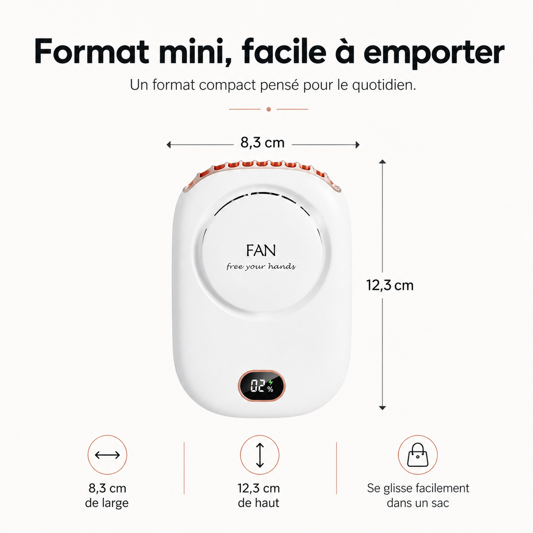 Vue sur les commandes réglables du ventilateur de cou USB, permettant un flux d'air personnalisé.