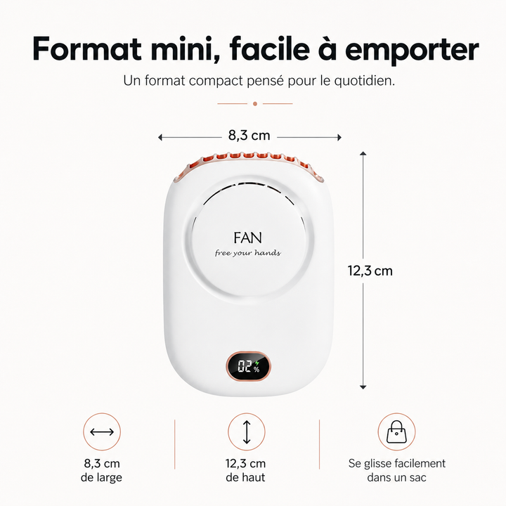 Vue sur les commandes réglables du ventilateur de cou USB, permettant un flux d'air personnalisé.