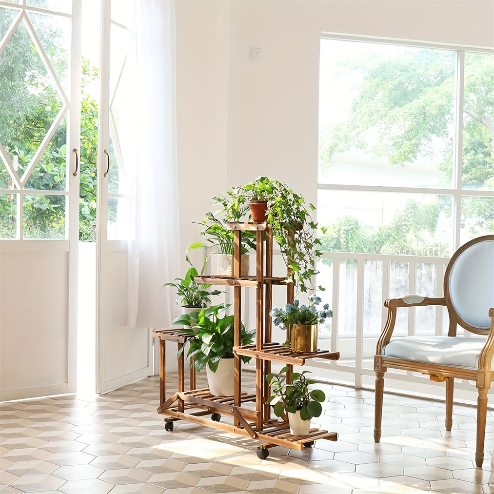 Meuble à plantes en bois carbonisé, 6 tablettes pour une collection végétale harmonieuse.