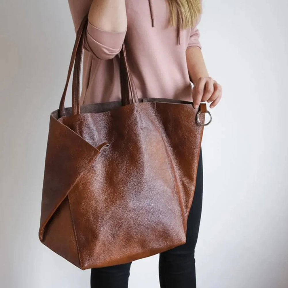 Tote bag femme en cuir PU marron, grand et spacieux, idéal pour la mode et le travail.