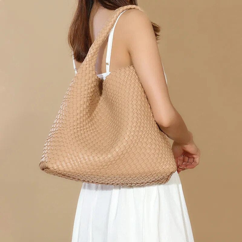 Grand sac à main femme tressé en PU, fourre-tout pratique. Parfait pour le travail et le voyage.