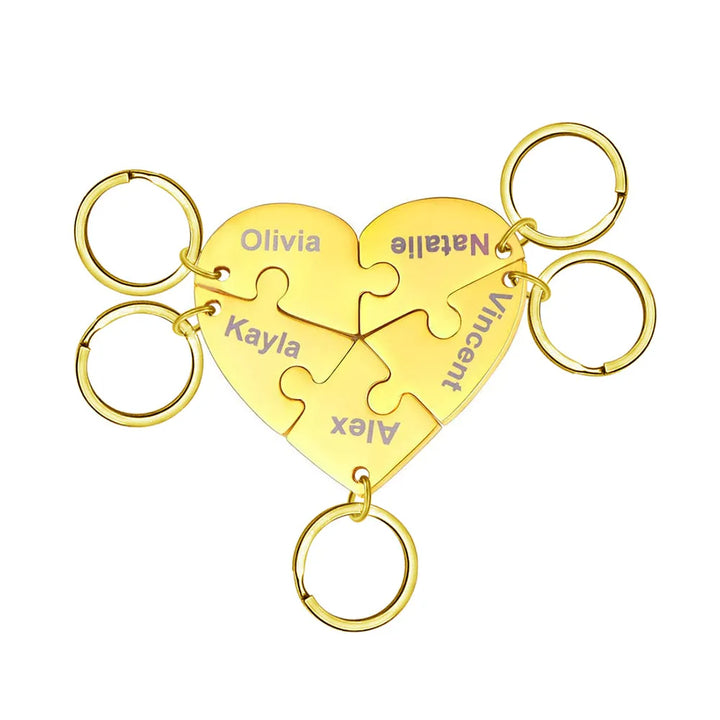 Porte-clés cœur puzzle HeartLink assemblés, montrant l'union et la connexion amour/amitié, gravure possible.