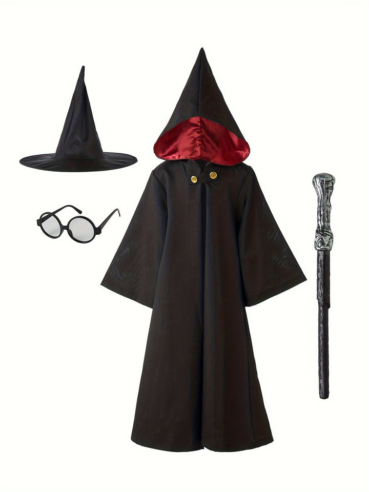 Costume complet de sorcier pour enfant avec cape étoilée, chapeau pointu et baguette magique, idéal Halloween/carnaval.
