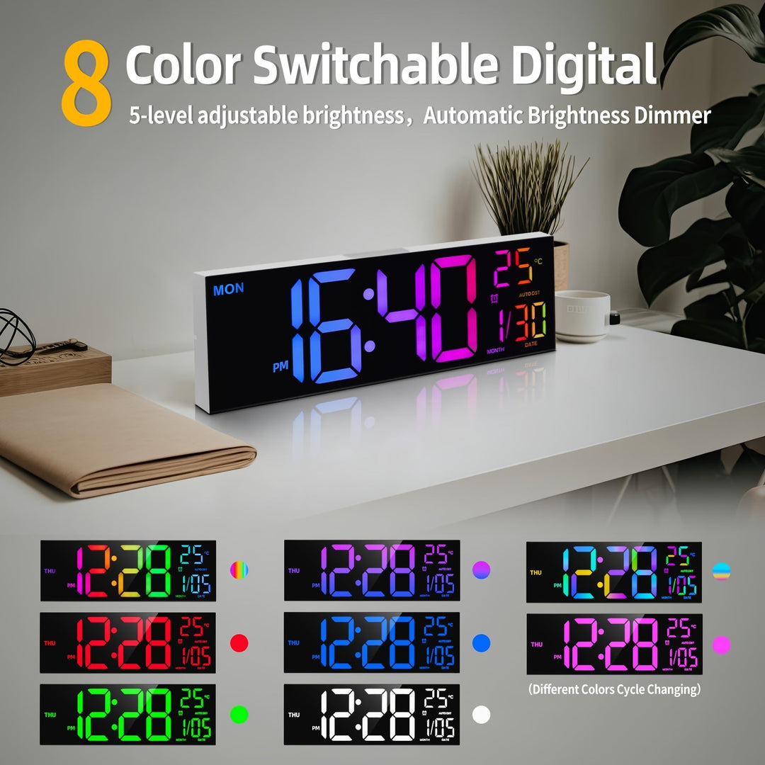 Grande horloge LED murale, affichage numérique multicolore 8 couleurs pour une déco unique.
