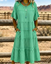 Robe midi vintage femme en coton et lin léger, avec volants élégants, parfaite pour les journées d'été.