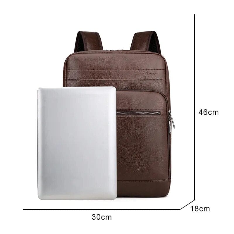 Sac à dos classique homme en cuir PU couleur café. Résistant et fonctionnel pour ordinateur portable.