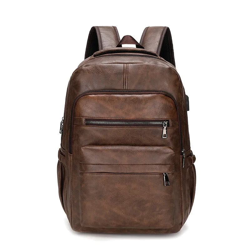 Sac à dos homme en cuir vegan avec multiples poches extérieures zippées, organisation facile et élégante.