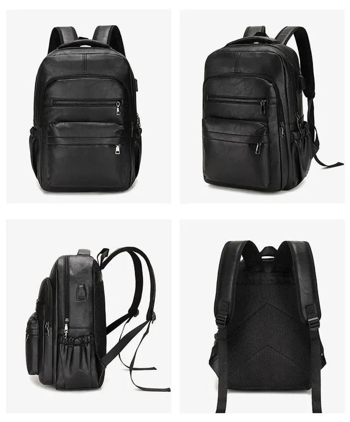 Vue de face du sac à dos homme en cuir vegan couleur café, design épuré. Idéal pour le quotidien.