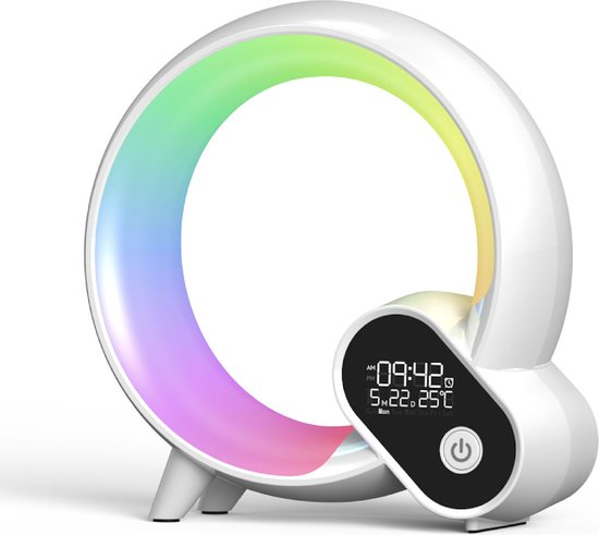 Réveil lumineux numérique AuraLux noir avec Bluetooth, simulation d'aube pour le bien-être et un réveil doux en chambre.