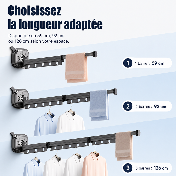 Optimisez votre espace avec ce séchoir mural extensible. Idéal pour le séchage naturel du linge.