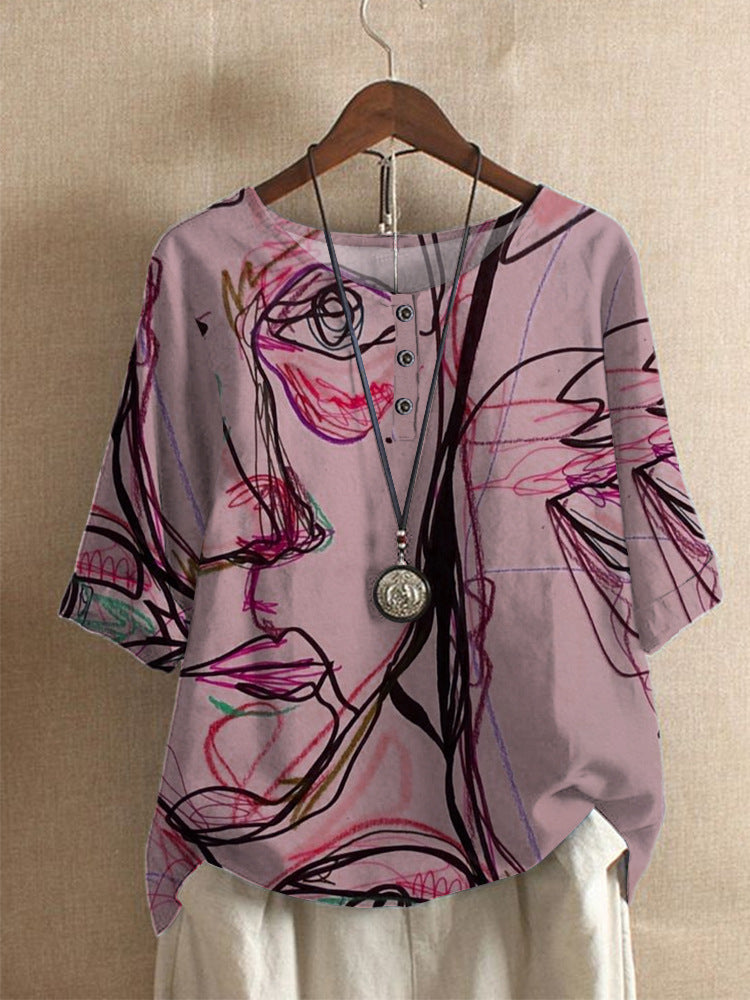 Haut femme confortable à manches 3/4, motif artistique abstrait. T-shirt décontracté col rond, idéal tenue quotidienne.