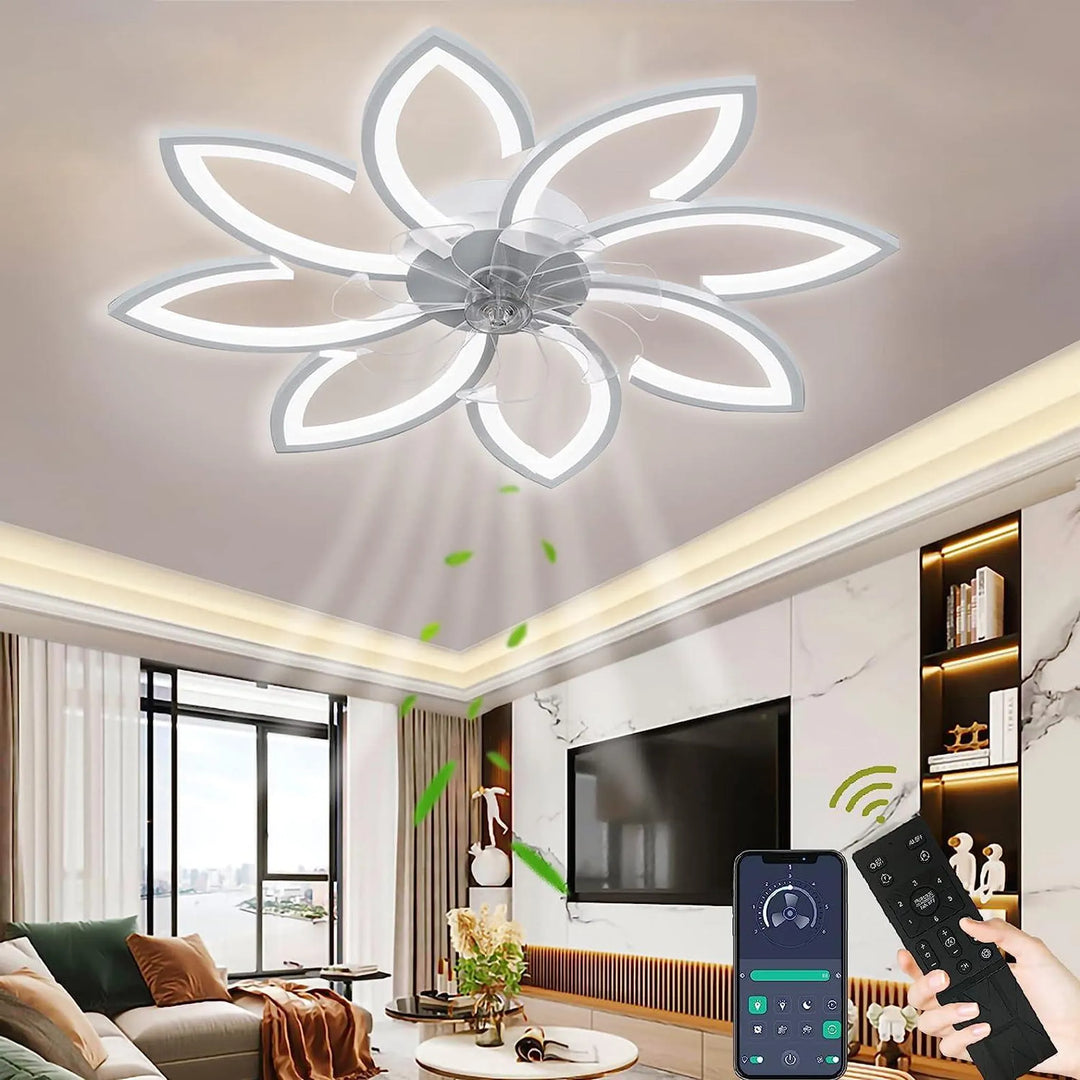 Ventilateur de plafond LED moderne, motif floral, télécommande. Éclairage design élégant pour confort intérieur.