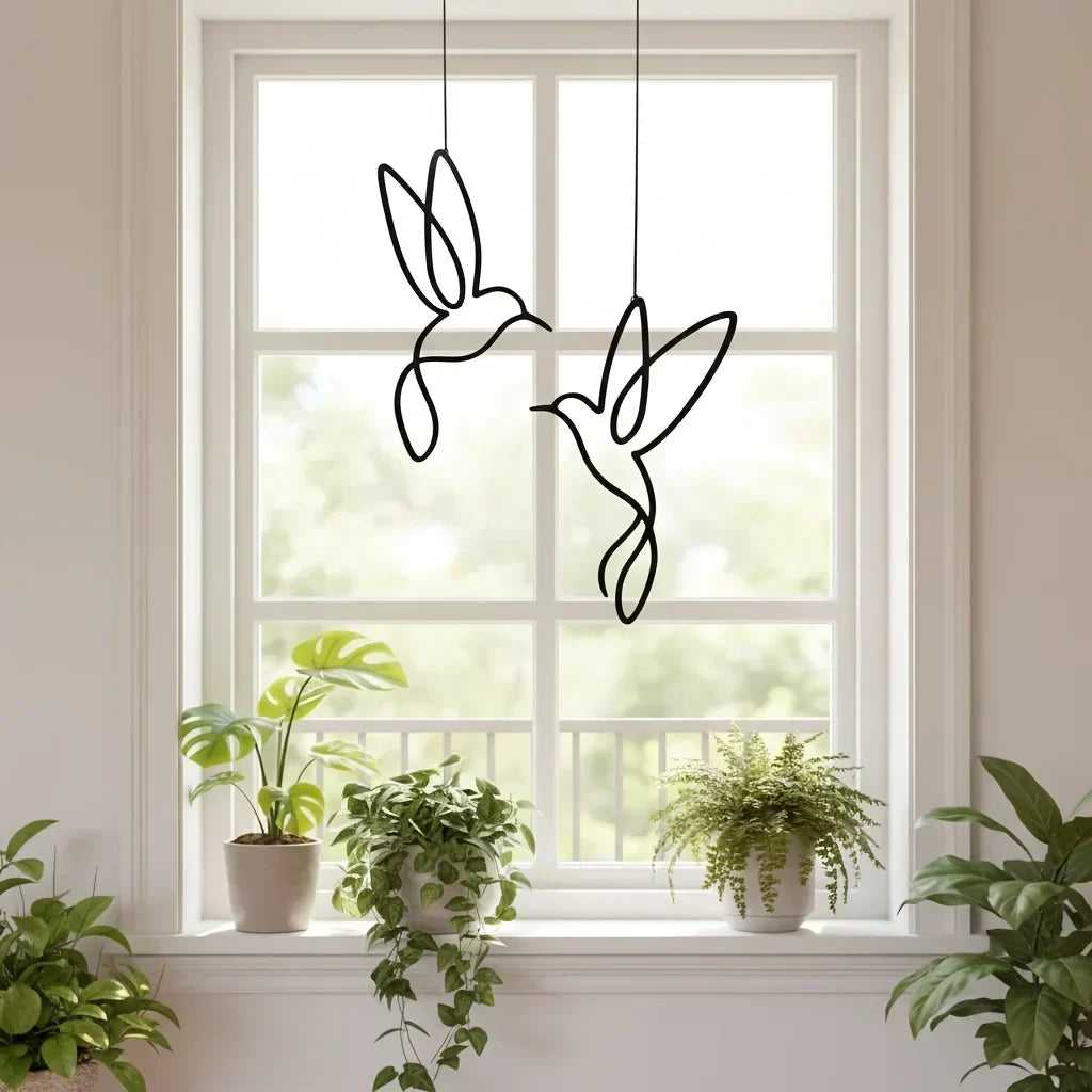 Ornement en fer forgé : deux silhouettes de colibris, parfaites pour décorer terrasse, balcon ou jardin.