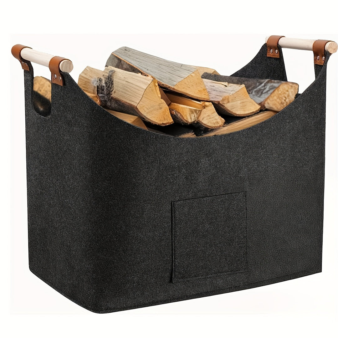 Panier feutre XL gris pliable avec poignées bois, pour bois de cheminée ou rangement intérieur élégant.