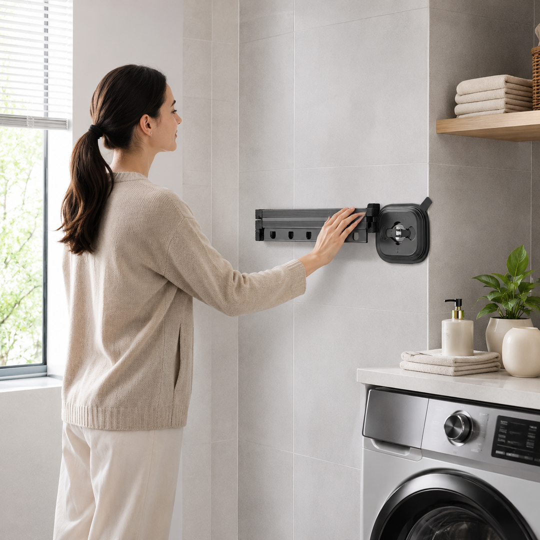 Étendoir à linge mural pliable et extensible, conçu pour la buanderie moderne et le séchage du linge.
