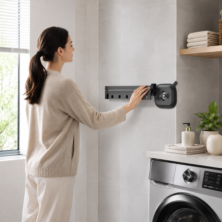 Étendoir à linge mural pliable et extensible, conçu pour la buanderie moderne et le séchage du linge.