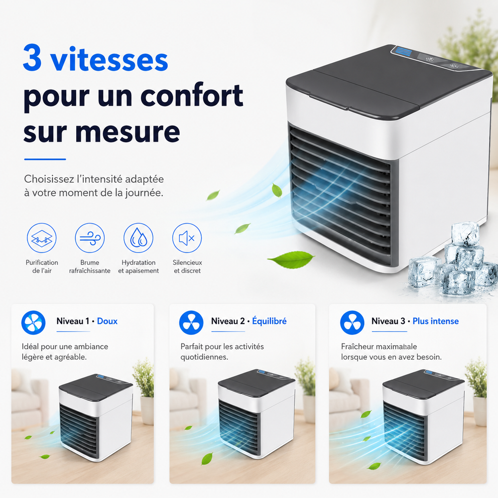 Rafraîchisseur d'air portable silencieux, parfait pour un bureau frais et apaisant en été. Technologie évaporative.