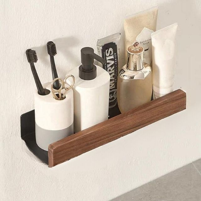 Étagère murale de bain en bois massif, fixation auto-adhésive. Rangement élégant pour salle de bain.