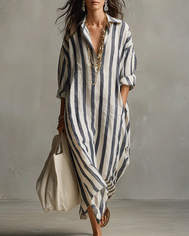 Robe maxi fluide femme rayée chic et décontractée, col revers, manches longues. Idéale printemps automne.