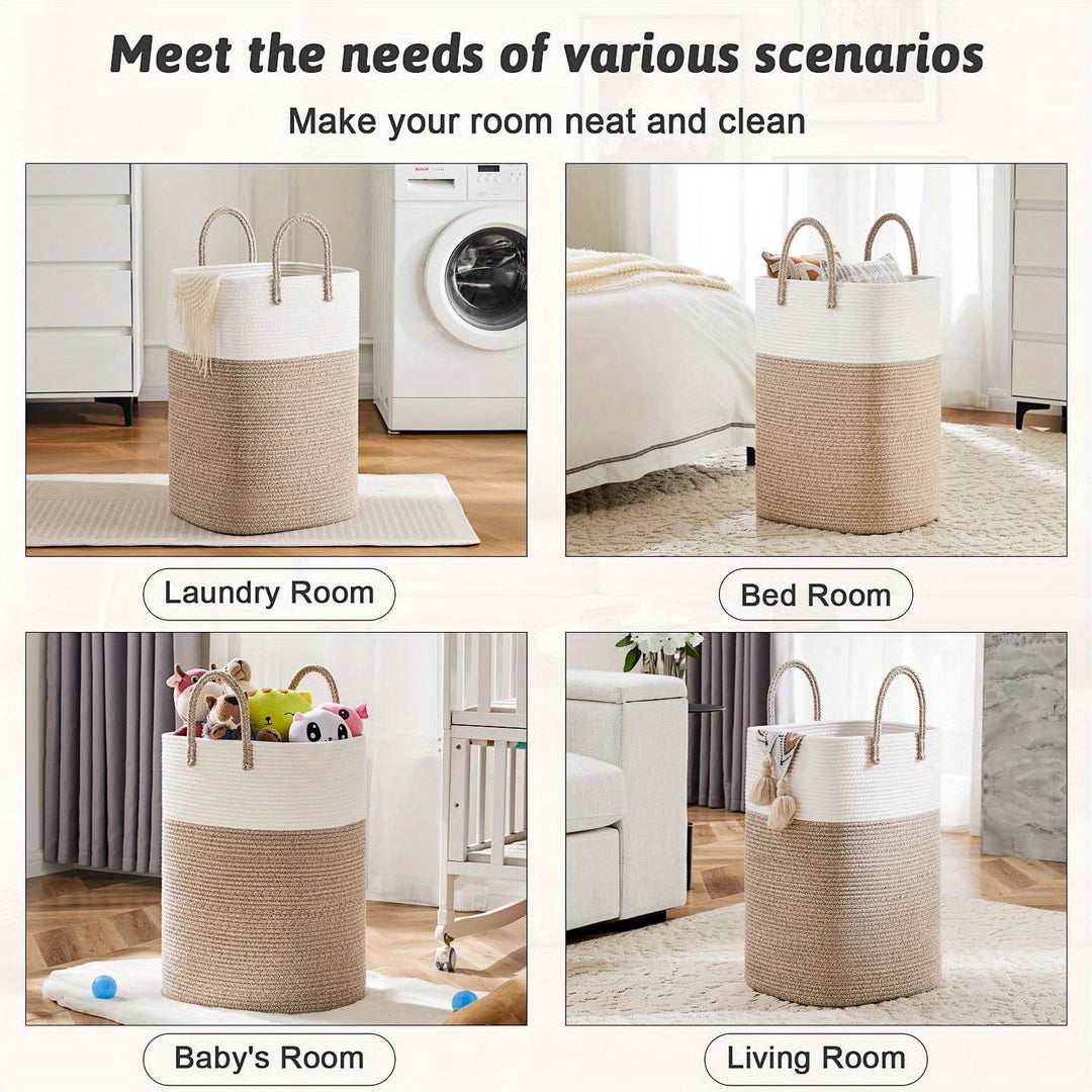 Grand panier à linge tressé durable en coton, solution de rangement robuste pour toute la maison.