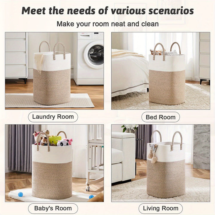 Grand panier à linge tressé durable en coton, solution de rangement robuste pour toute la maison.