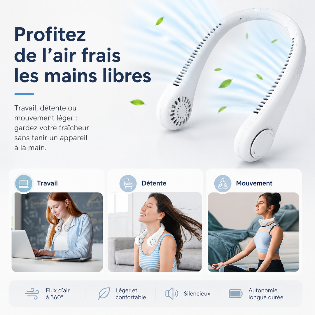 Ventilateur portable blanc pour le cou, un accessoire indispensable pour la fraîcheur estivale.