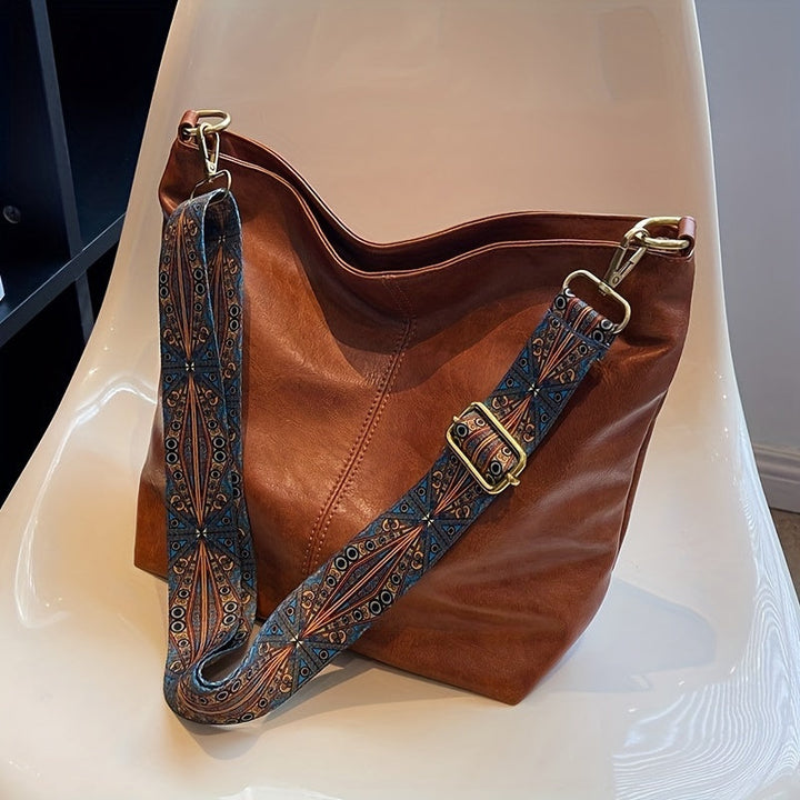 Sac bandoulière femme géométrique rétro, grand, en similicuir, idéal mode quotidienne.