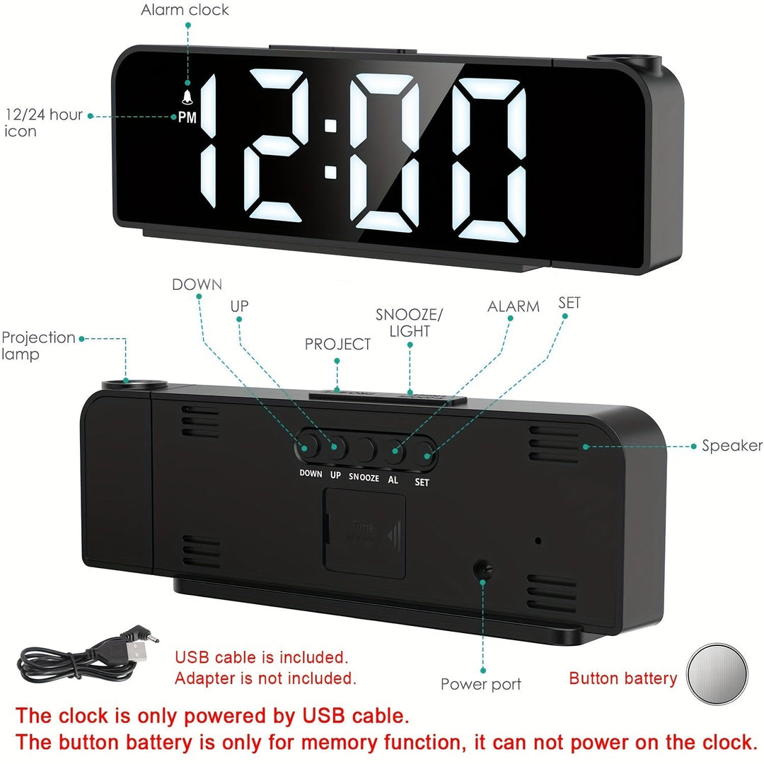 Réveil projecteur d'heure LED avec affichage de la température et date. Alimentation USB.