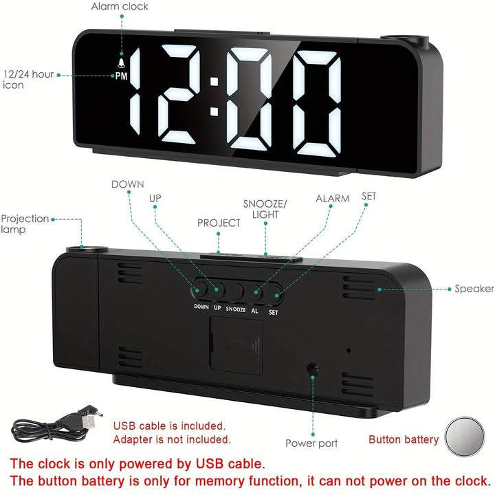 Réveil projecteur d'heure LED avec affichage de la température et date. Alimentation USB.