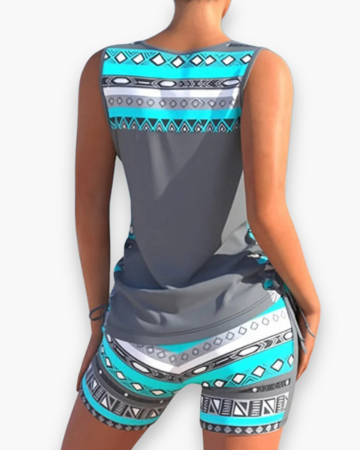Bas de tankini assorti gris/bleu femme, confortable pour la plage. Maillot de bain chic deux pièces, idéal vacances.